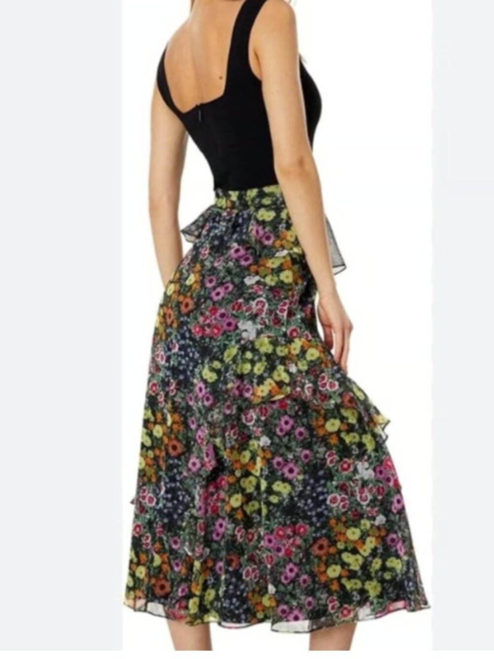 Ted Baker Black Floral Fit & Flare Midi Dress Ruffle Skirt Size 3 NWT